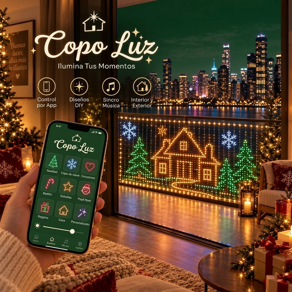 Cortina de luces LED colgada en un balcón con diseños navideños y control por app