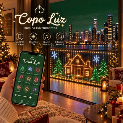 Cortina de luces LED colgada en un balcón con diseños navideños y control por app
