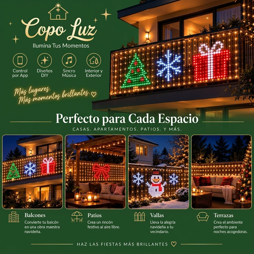 Diseños navideños de la cortina de luces LED Copo Luz iluminando una barandilla