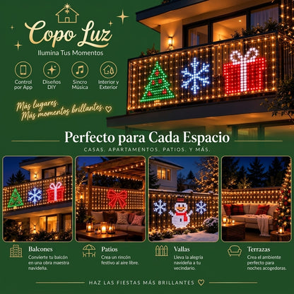 Diseños navideños de la cortina de luces LED Copo Luz iluminando una barandilla